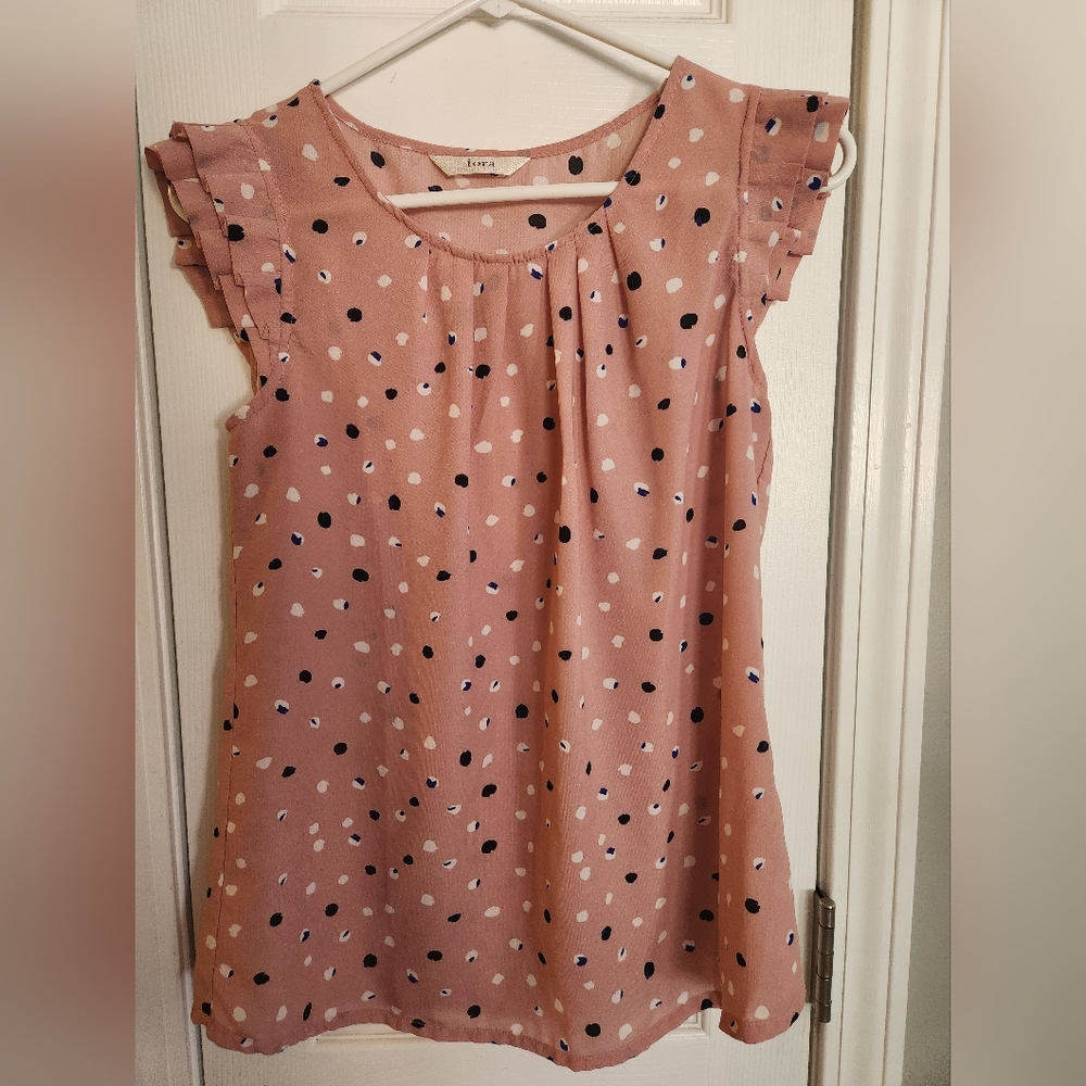 Iora Women's Crewneck, Ruffled Capped Sleeve Blouse Pink Polka Dot Size Large